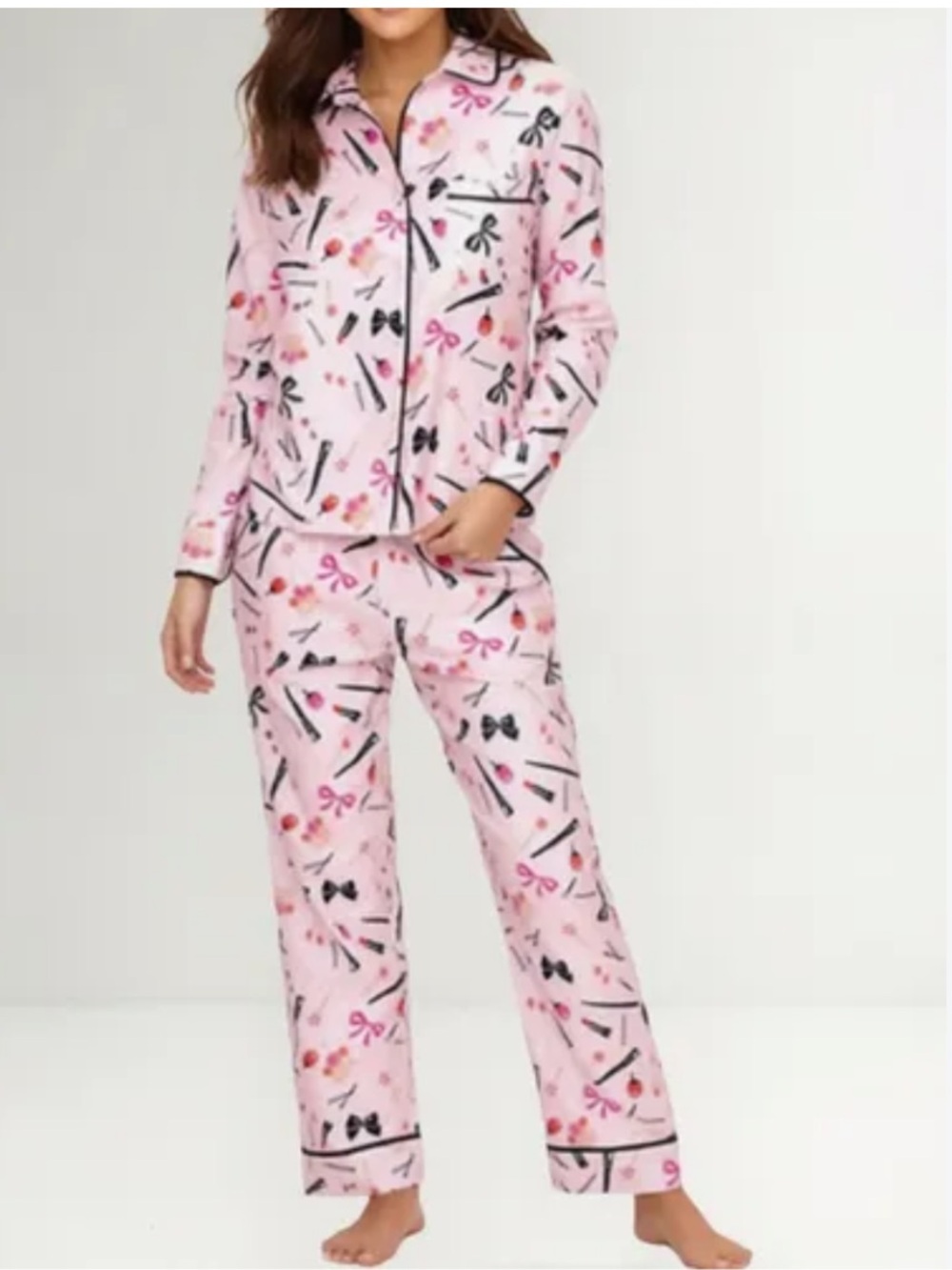 Kate Spade  Glam Makeup Multi Pink Bow Long Sleeve Pajama Set NWT
